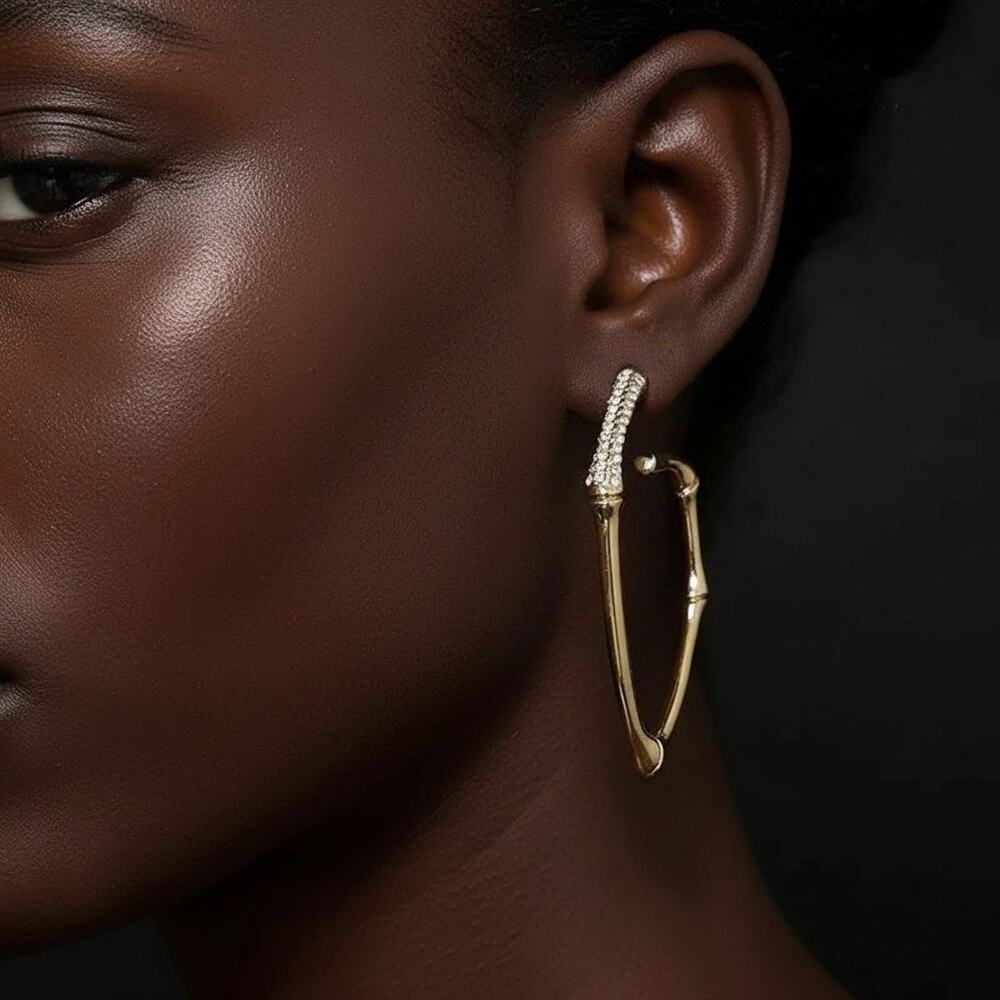 Solanales Gold Hoop Earrings Bamboo Open Stud Boho Crystal VTG Statement CZ